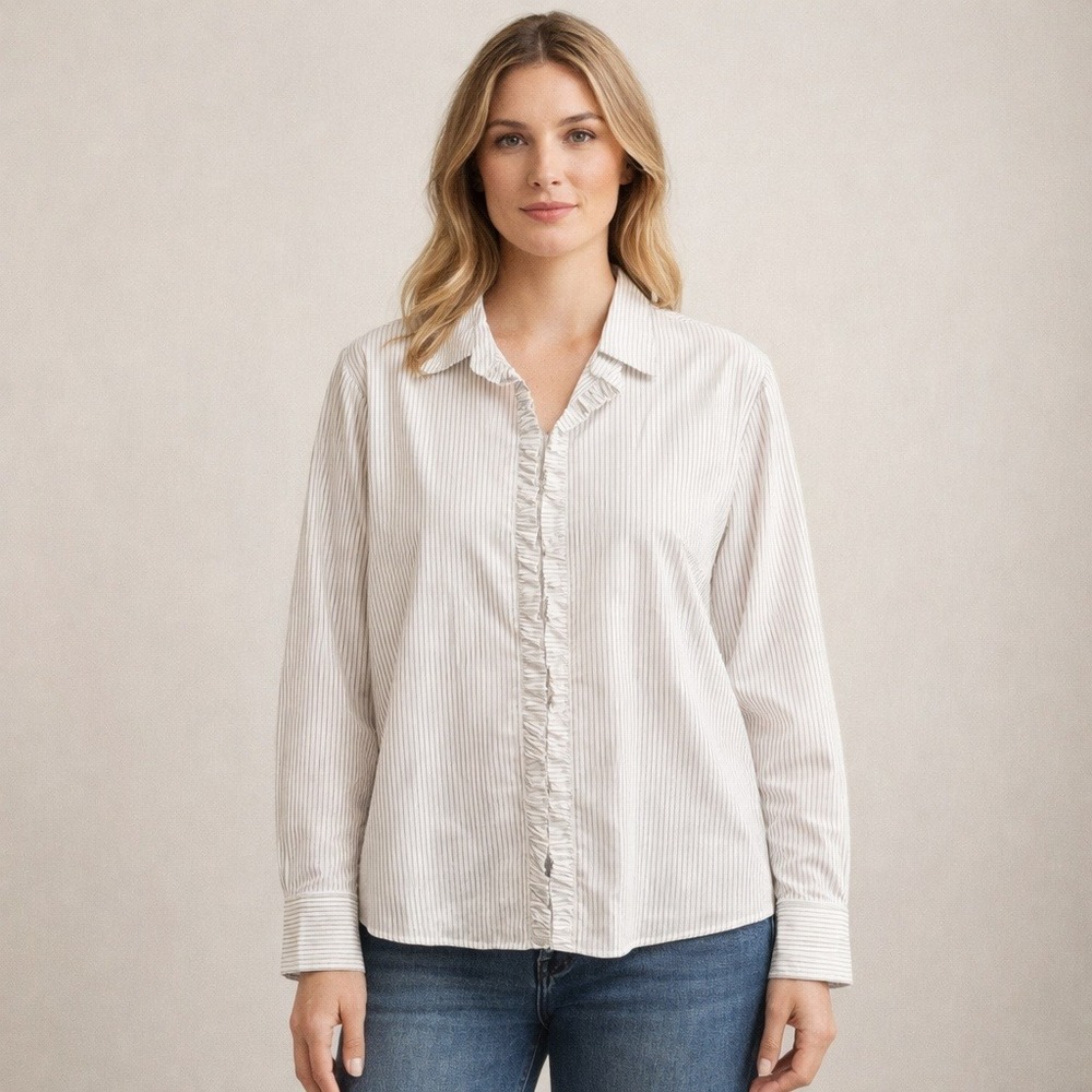 Analogy Blouse Top Women XL Long Sleeve Ruffled White Striped Stretch Preppy NWT